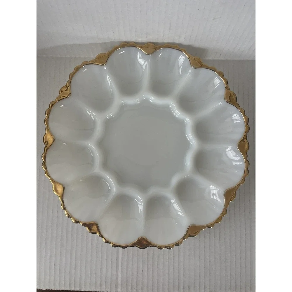Vintage Anchor Hocking Fire-King Milk Glass Deviled Egg Plate Gold Trim 10